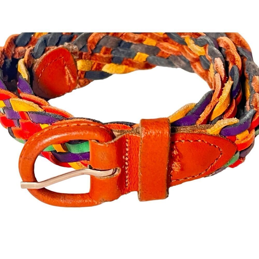 Vintage Rainbow Leather Woven Braided Belt Size S-M Eclectic Boho Festival Retro - Picture 2 of 7